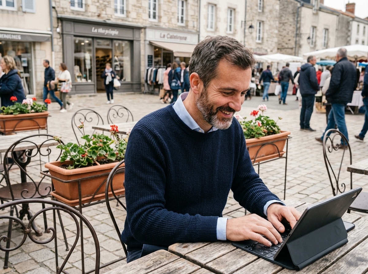 Homme souriant assis au café de Luçon