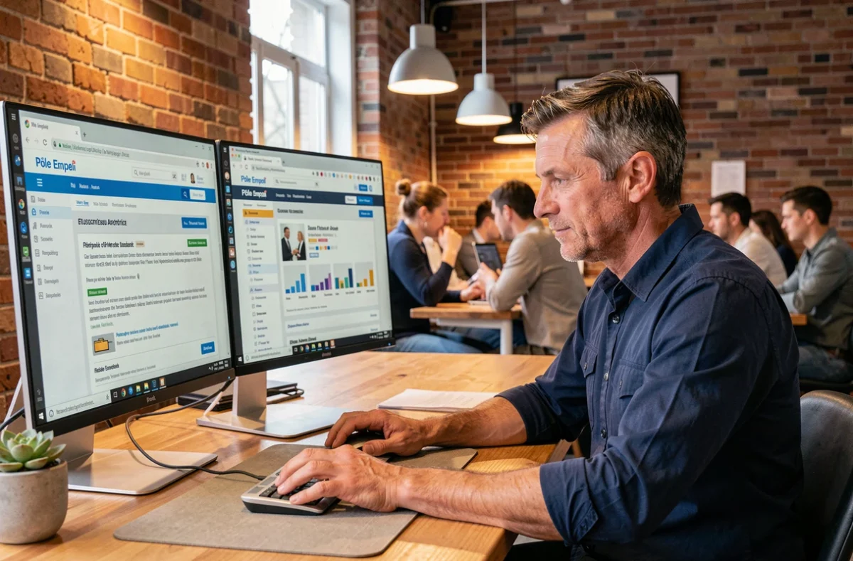 Homme comparant plusieurs sites de fiches métier sur un ordinateur dans un espace de coworking