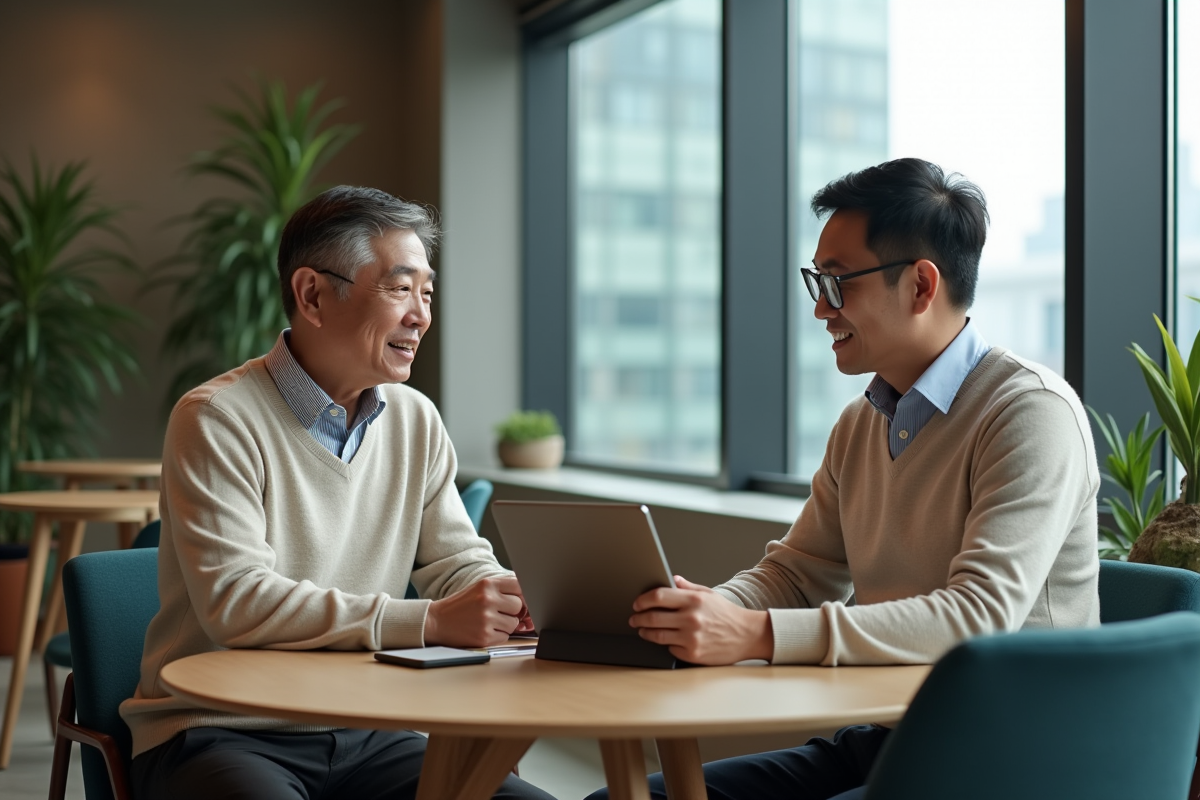 Homme mature consultant un conseiller financier avec un tableau CPF