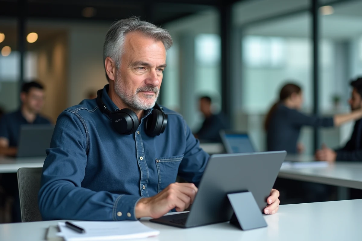 Homme en télétravail suivant un cours en ligne sur une tablette dans un espace de coworking moderne