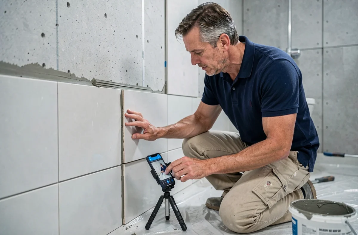 Homme débutant posant du carrelage en suivant un tutoriel vidéo sur smartphone lors d'une rénovation salle de bain