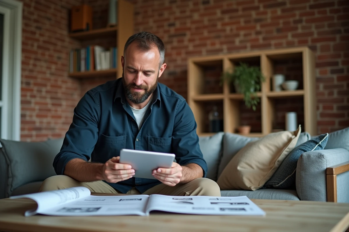 Homme regardant une tablette dans un salon en cours de rénovation