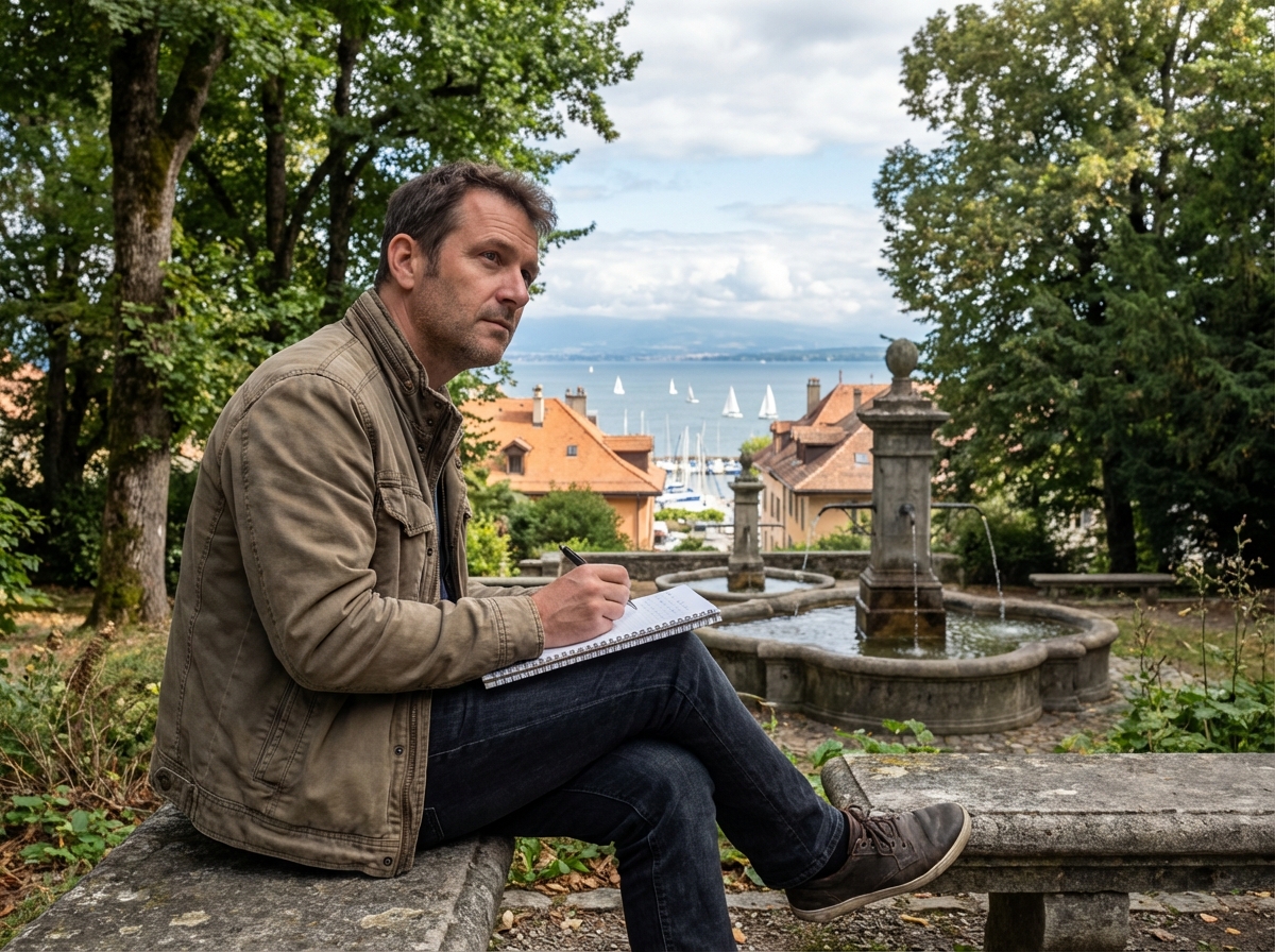 Homme assis dans un parc au bord du lac en train de prendre des notes