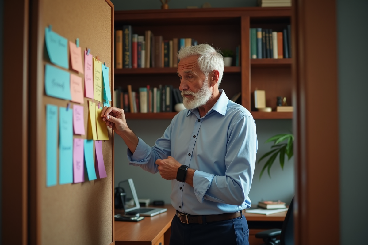 Homme en home office pinçant notes colorées