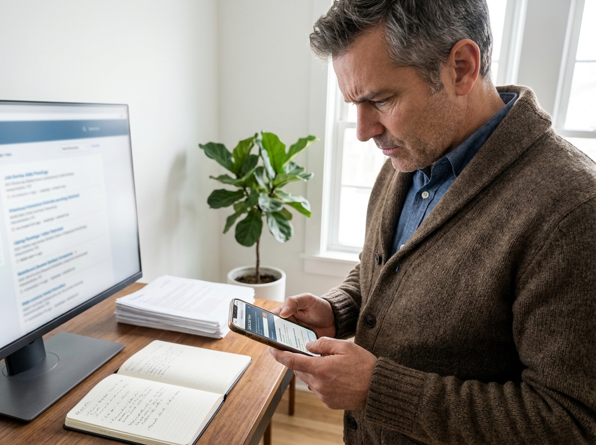 Homme vérifiant son smartphone dans un bureau à domicile