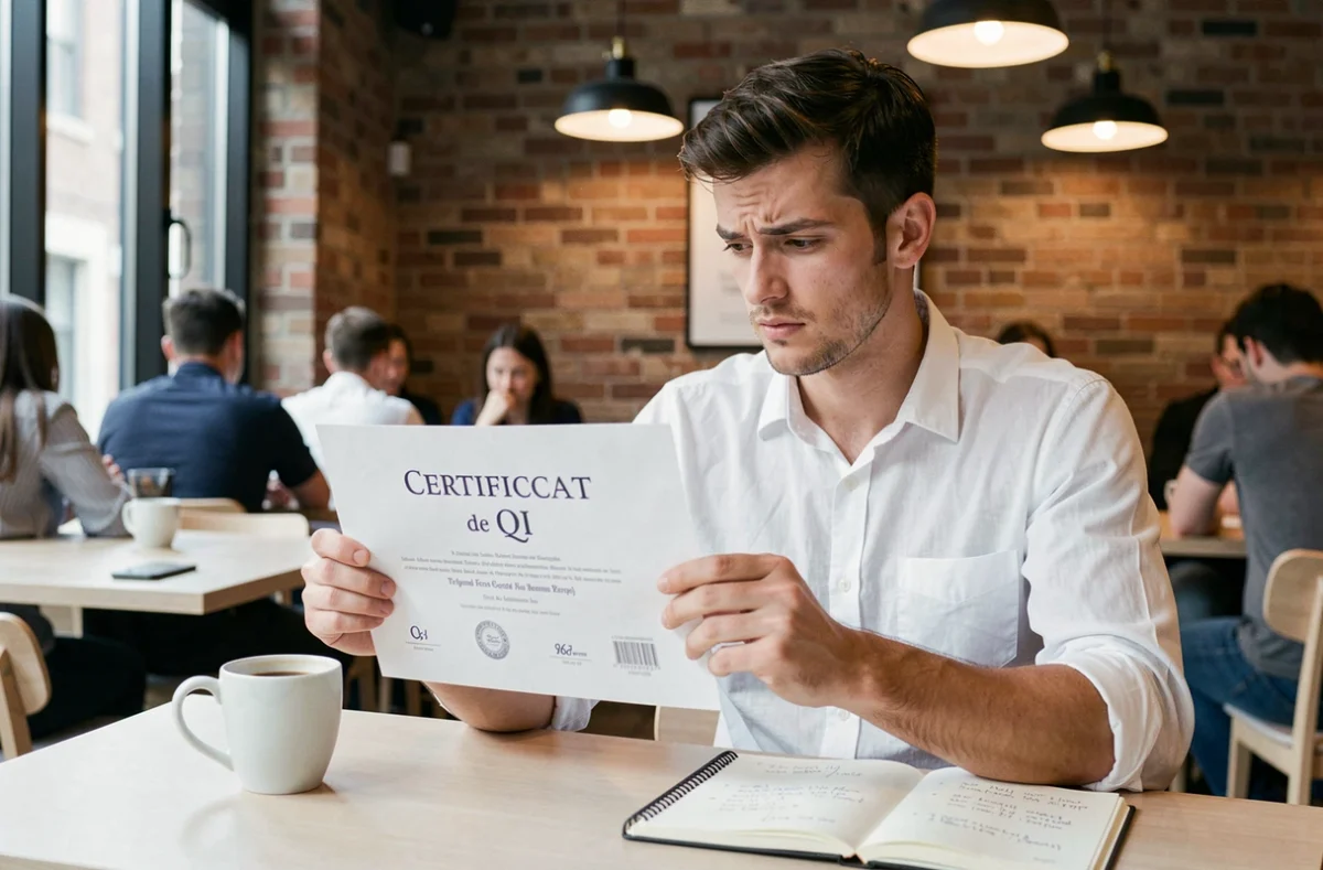 Jeune homme sceptique examinant un certificat de QI imprimé dans un café urbain