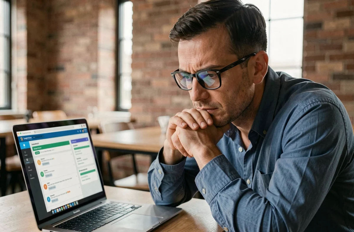Homme adulte passant un test de QI en ligne sur ordinateur portable dans un espace de coworking