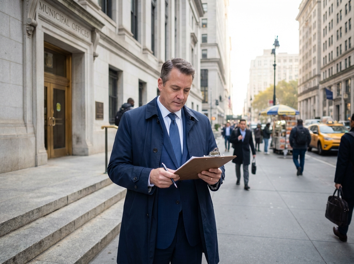 Homme en costume dans une ville administrative