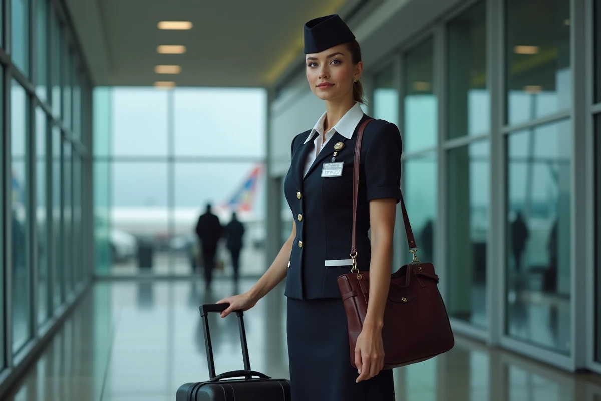 Hôtesse de l'air avec bagage devant un terminal d'aéroport international avant une prise de service