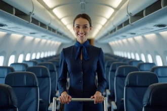 Hôtesse de l'air en uniforme bleu marine servant des boissons dans l'allée d'un avion commercial