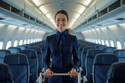 Hôtesse de l'air en uniforme bleu marine servant des boissons dans l'allée d'un avion commercial