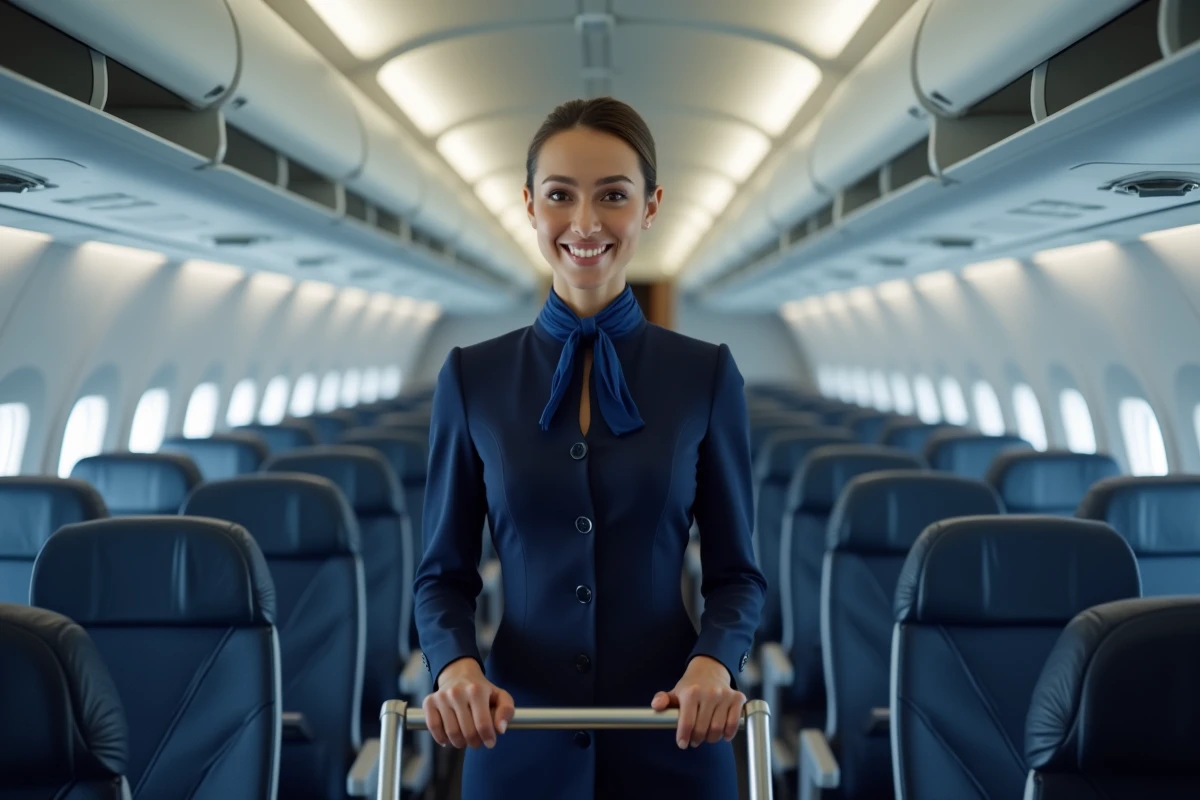 Hôtesse de l'air en uniforme bleu marine servant des boissons dans l'allée d'un avion commercial