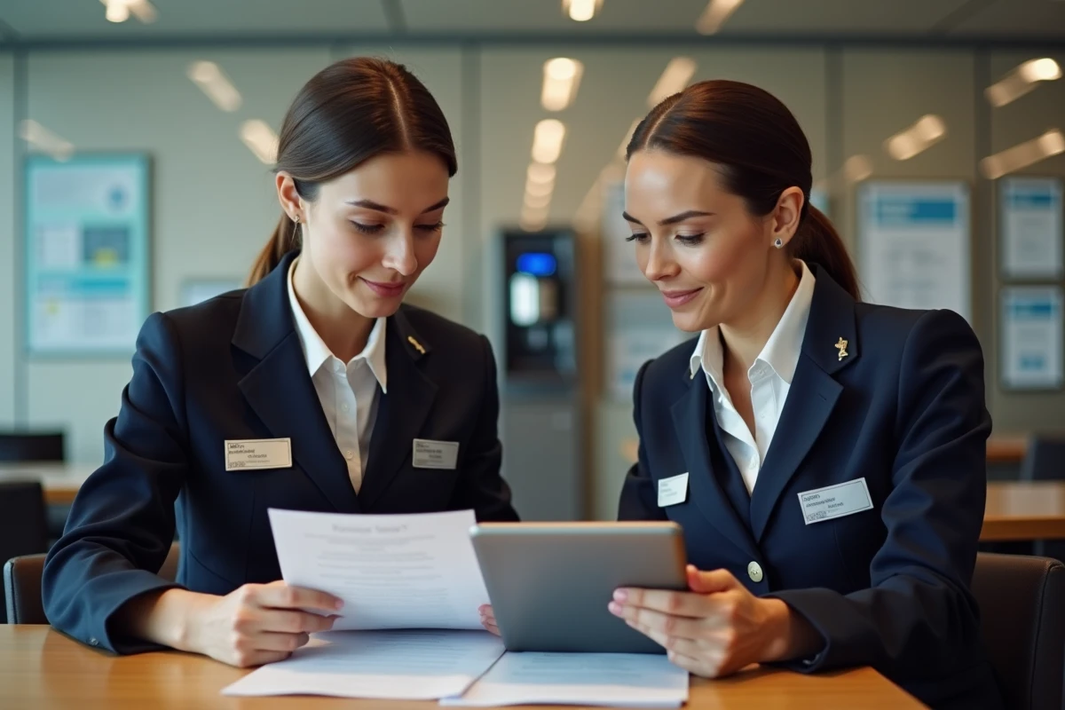 Deux hôtesses de l'air étudiant des documents sur leur salaire et conditions de travail dans un salon d'équipage