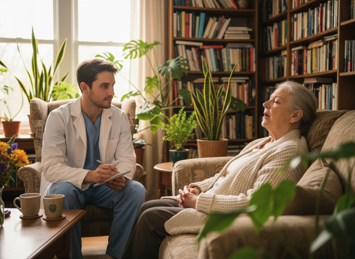 Infirmier en blouse blanche écoute une femme âgée à domicile