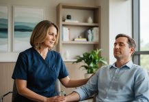 Apaiser sans médication : le rôle croissant des infirmiers formés à l’hypnose Infirmière en blouse bleue guide une séance d'hypnose