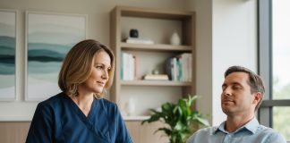 Infirmière en blouse bleue guide une séance d'hypnose