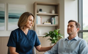 Apaiser sans médication : le rôle croissant des infirmiers formés à l’hypnose Infirmière en blouse bleue guide une séance d'hypnose