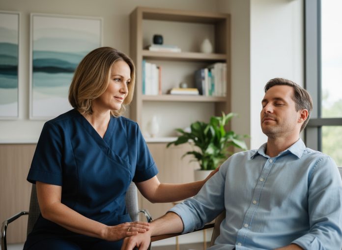 Infirmière en blouse bleue guide une séance d'hypnose