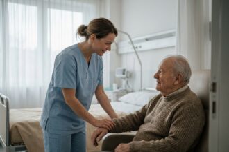 Infirmière pratiquant le toucher relationnel avec un patient âgé dans une chambre d'hôpital