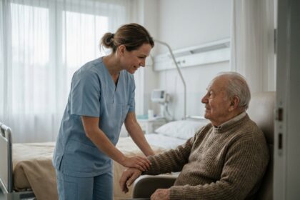 Infirmière pratiquant le toucher relationnel avec un patient âgé dans une chambre d'hôpital