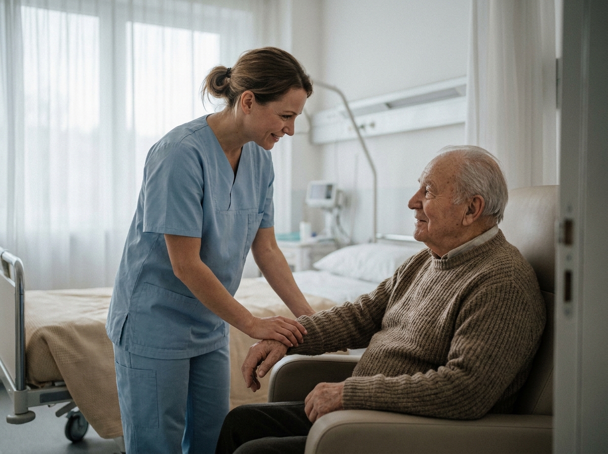 Infirmière pratiquant le toucher relationnel avec un patient âgé dans une chambre d'hôpital