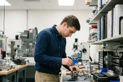 Jeune ingénieur assemble un moteur électrique dans un laboratoire moderne