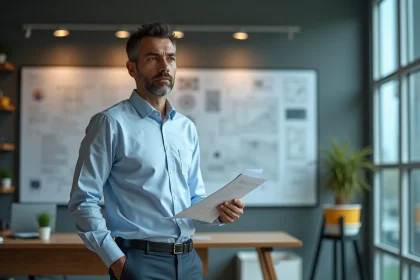 Ingénieur surveillant en bureau avec plans et cartes digitales