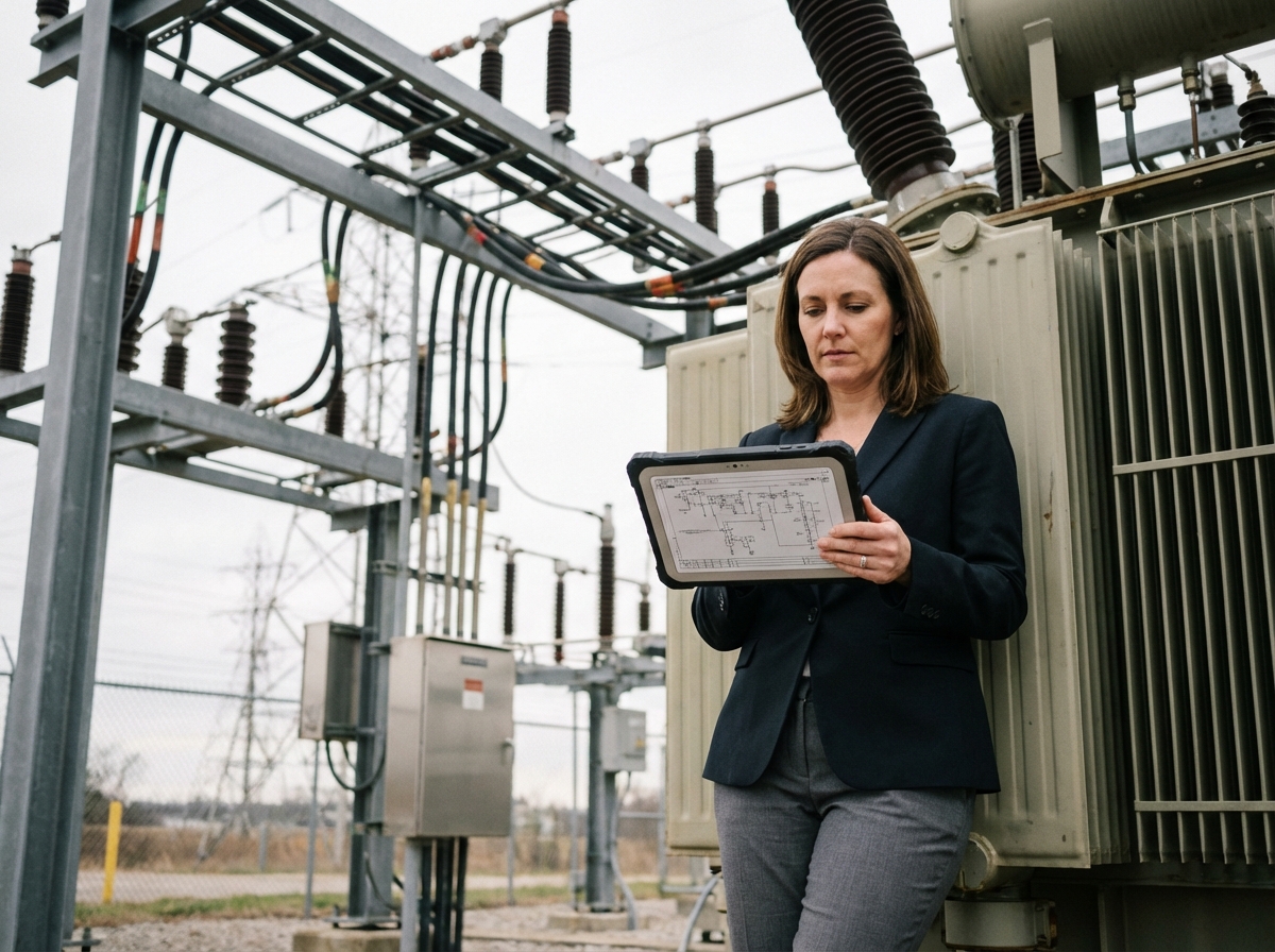 Ingénieure vérifie des schémas sur une tablette près d