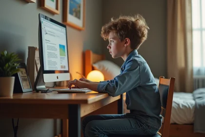 Jeune garçon concentré sur son ordinateur pour les examens