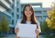 Jeune adulte tenant un diplôme devant un bâtiment moderne