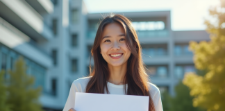 Jeune adulte tenant un diplôme devant un bâtiment moderne