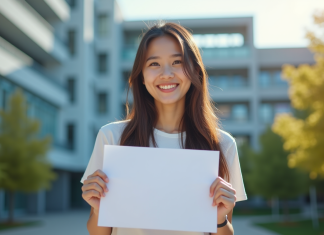 Jeune adulte tenant un diplôme devant un bâtiment moderne