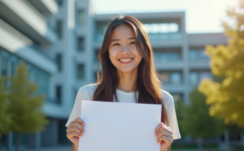 Jeune adulte tenant un diplôme devant un bâtiment moderne