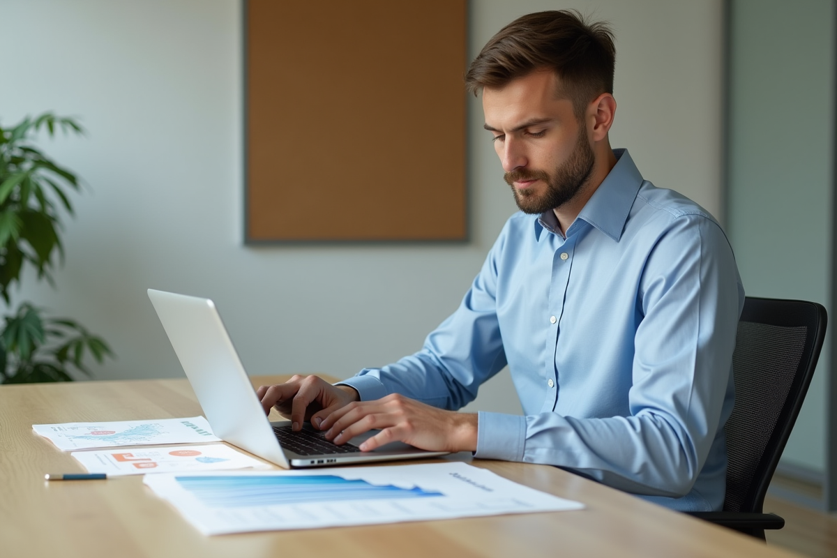 Jeune consultant travaillant sur un rapport TDR à son bureau minimaliste