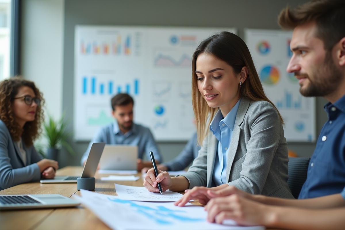 Jeune analyste en réunion annotant un rapport avec ses collègues