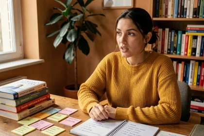 Jeune femme étudiant l'espagnol à voix haute avec des fiches de conjugaison et des manuels sur un bureau en bois dans un environnement cosy
