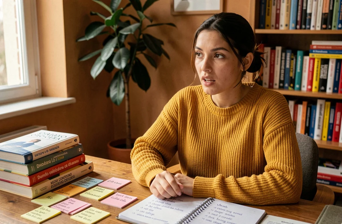 Jeune femme étudiant l'espagnol à voix haute avec des fiches de conjugaison et des manuels sur un bureau en bois dans un environnement cosy