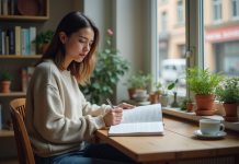 Meilleur moment pour apprendre une langue : conseils et astuces Jeune femme lisant un livre de langue étrangère à un bureau
