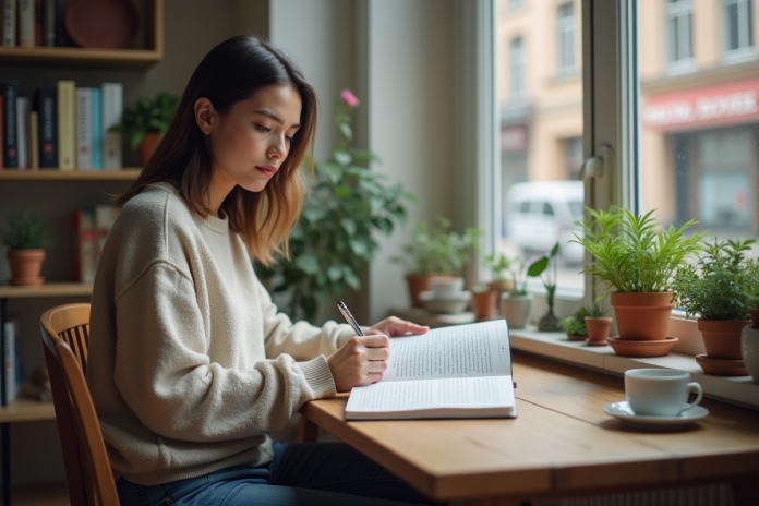 jeune-femme-apprentissage-langue Jeune femme lisant un livre de langue étrangère à un bureau