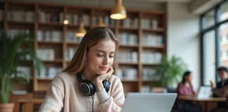 Jeune femme concentrée à la bibliothèque avec son ordinateur portable