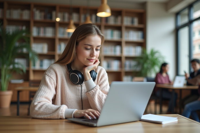 Jeune femme concentrée à la bibliothèque avec son ordinateur portable