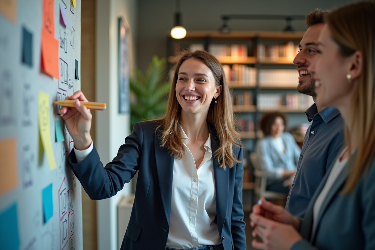 Jeune femme en blazer esquissant lors d