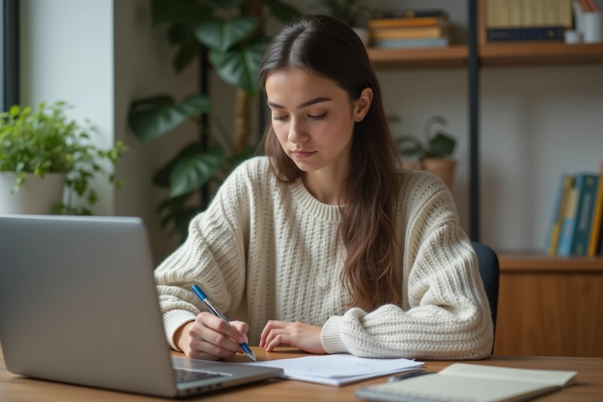 Jeune femme concentrée travaillant sur son ordinateur dans un espace cosy