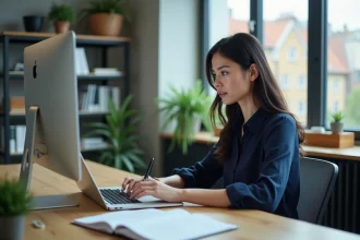 Jeune femme professionnelle concentrée sur son ordinateur dans un bureau moderne