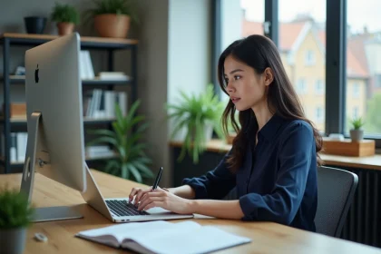 Jeune femme professionnelle concentrée sur son ordinateur dans un bureau moderne