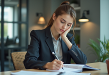 Jeune femme en bureau organisant ses tâches