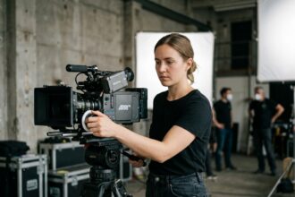 Jeune femme derrière une caméra cinéma sur un plateau de tournage, illustrant les métiers du cinéma sans diplôme universitaire
