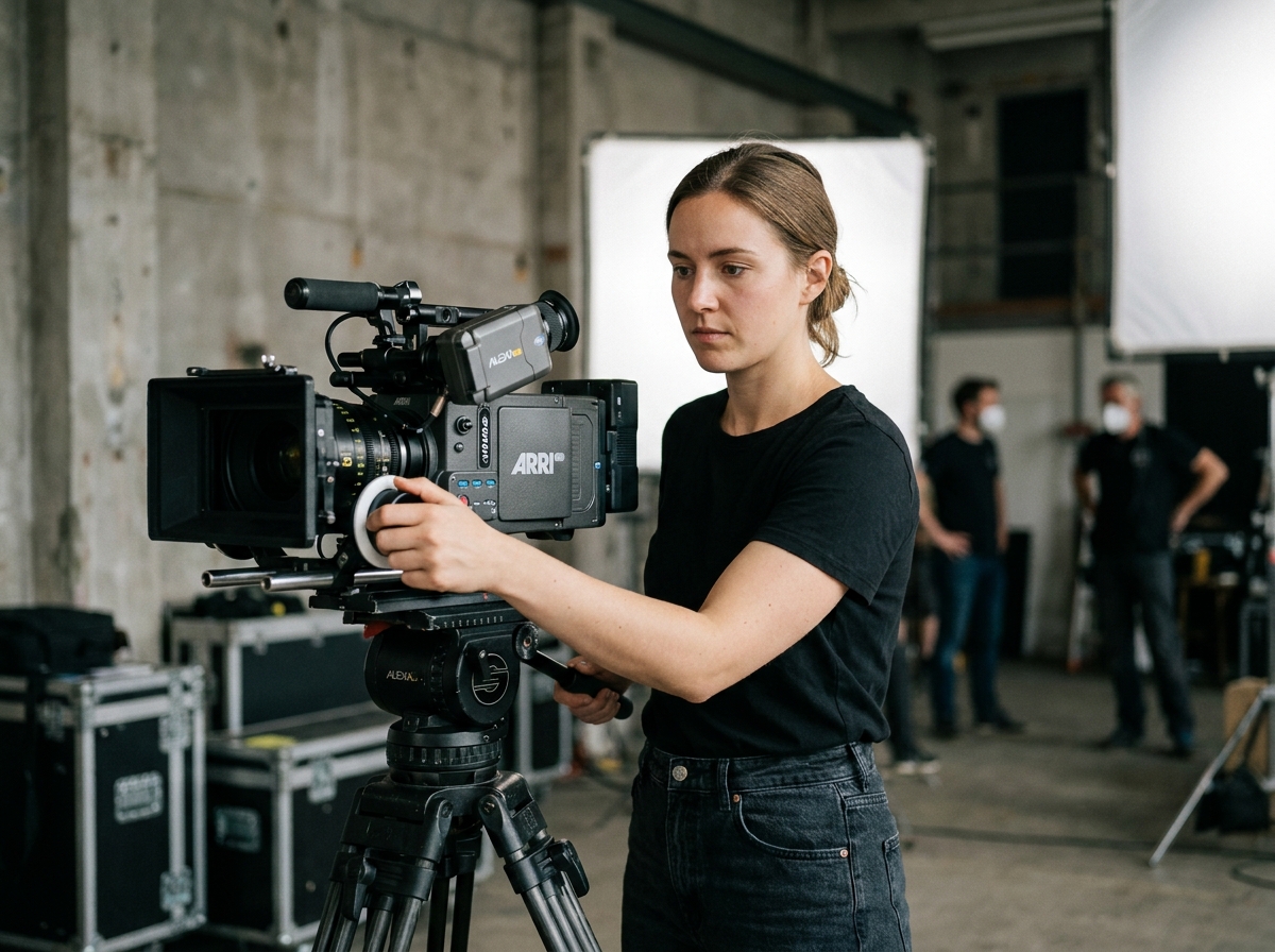 Jeune femme derrière une caméra cinéma sur un plateau de tournage, illustrant les métiers du cinéma sans diplôme universitaire