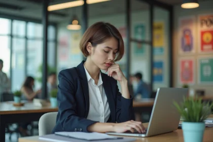 Jeune femme en bureau moderne remplissant une candidature internship