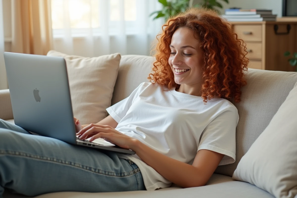 Jeune femme souriante recherchant un cours en ligne sur son ordinateur portable depuis son canapé à la maison